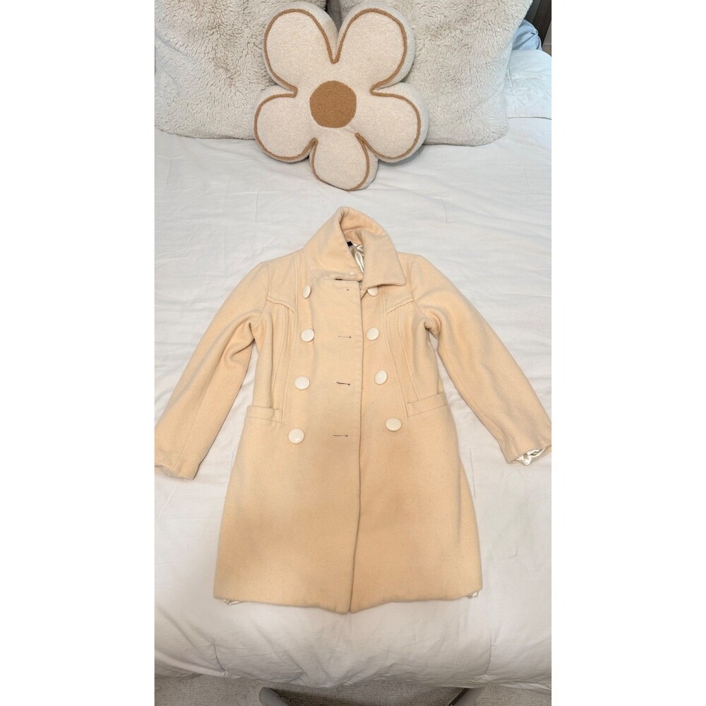 Bebe Women's Double-Breasted Wool Coat Cream Ivory Satin Lined Rabbit Fur Trim